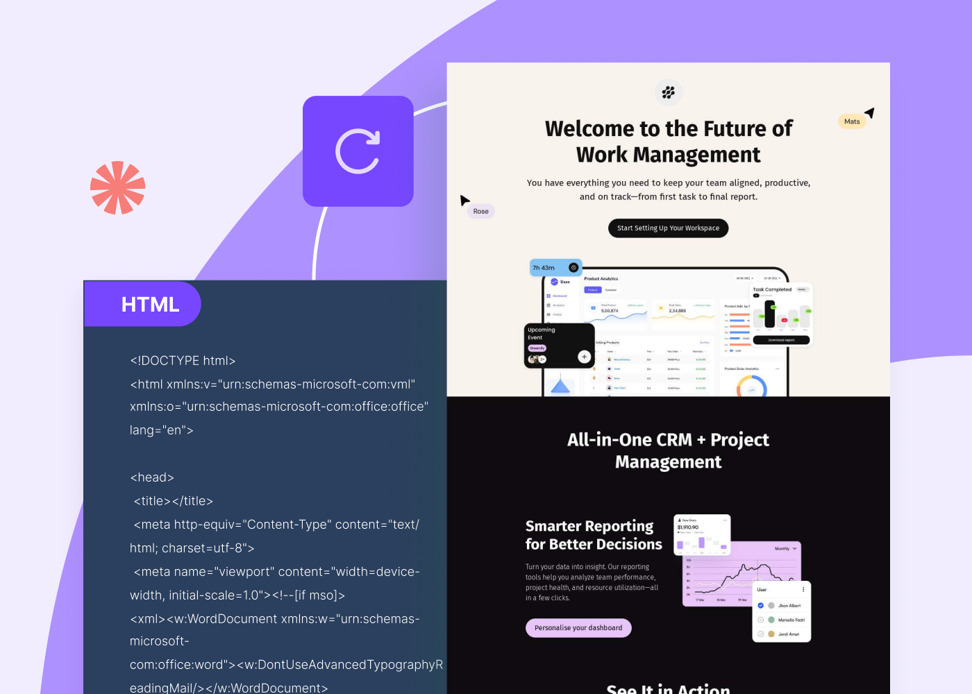 Split-screen showing HTML code on the left and a polished CRM email design with dashboards and a CTA button on the right.